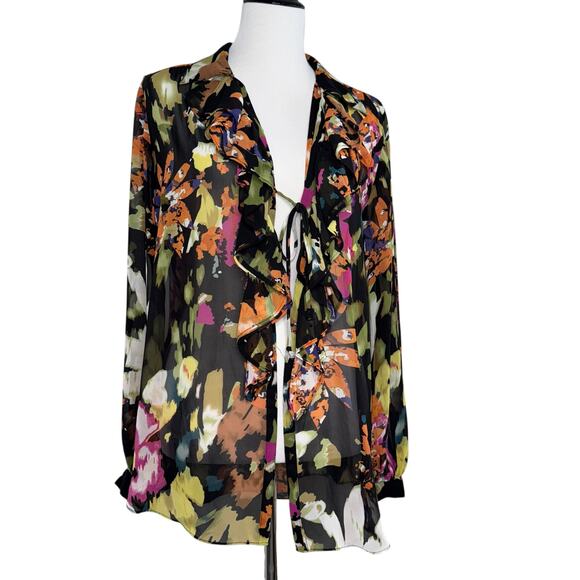 Cabi Multicolor Floral Cascade Ruffle and Tie Front Semi Sheer Top/Tunic-Medium - Picture 1 of 10